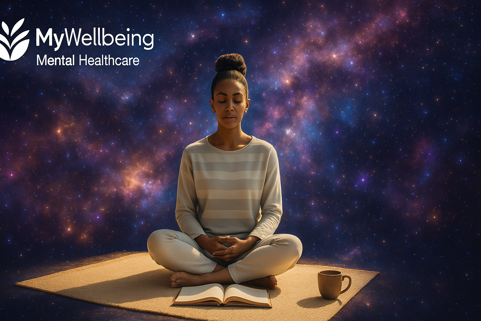 Woman meditating in space to attain self-actualization.